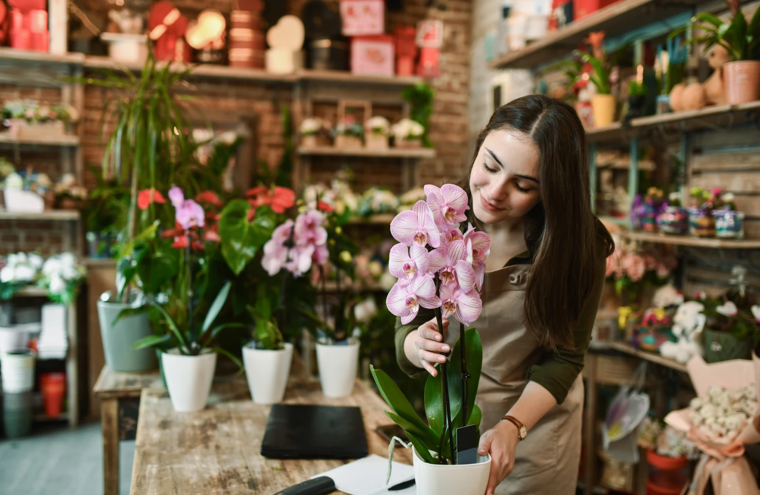 Woman tending to potted flowers indoors