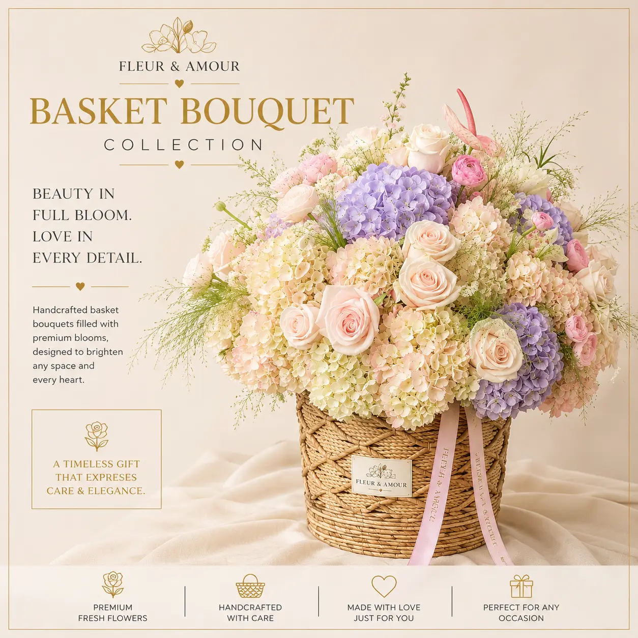 Woven basket bouquet of pastel roses and hydrangeas