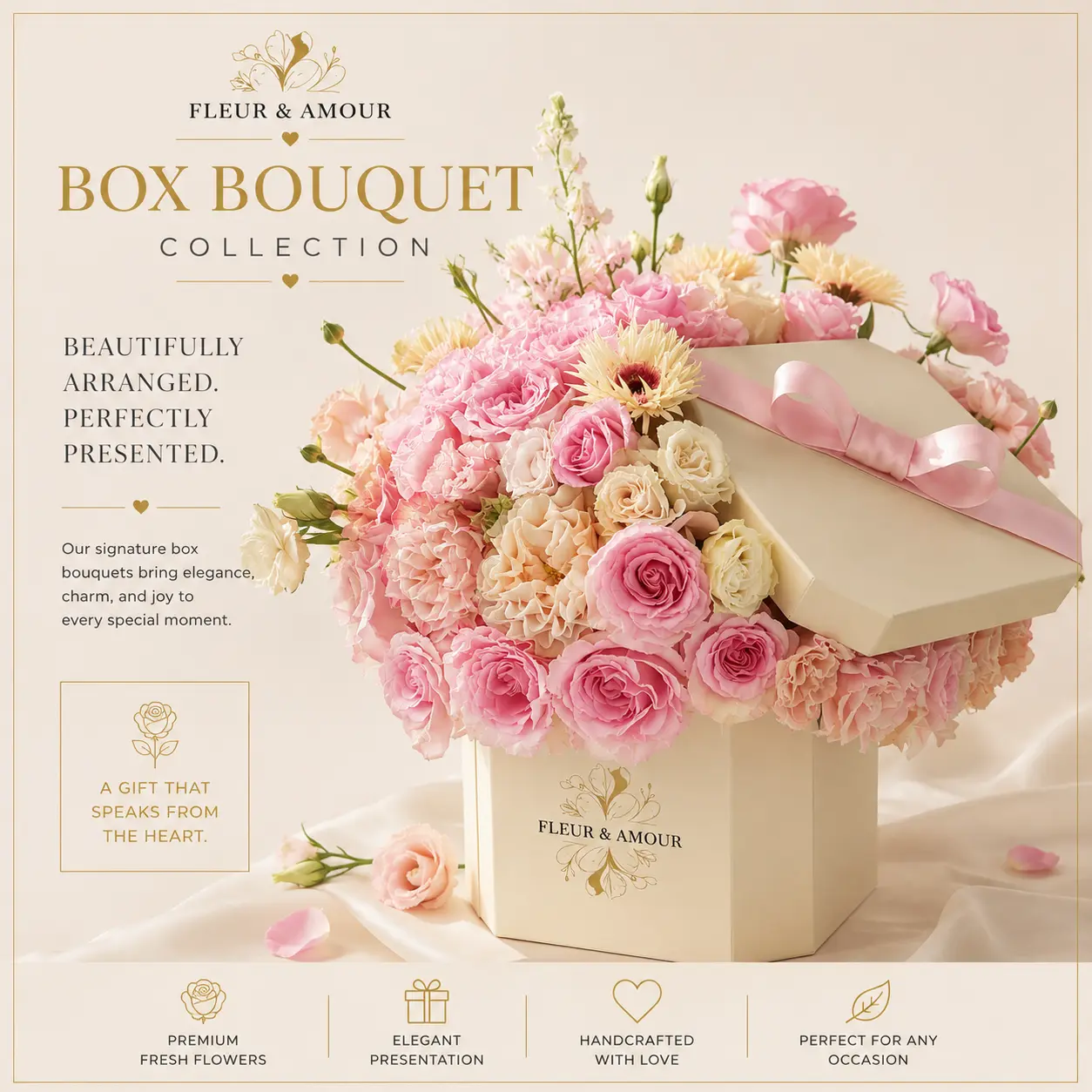 Pink roses box bouquet gift with ribboned lid