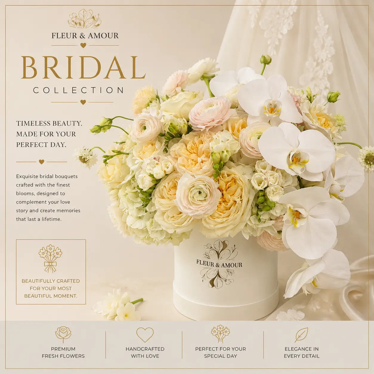 Cream bridal bouquet with orchids and roses