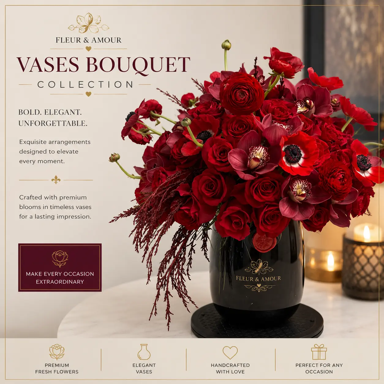 Elegant red rose bouquet in black vase