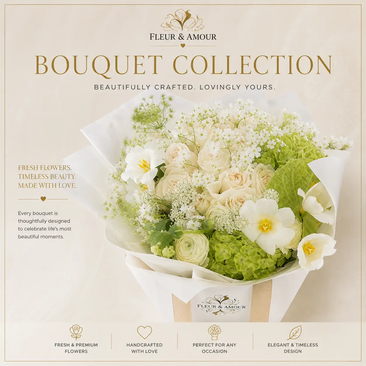 White and green bouquet in paper wrap