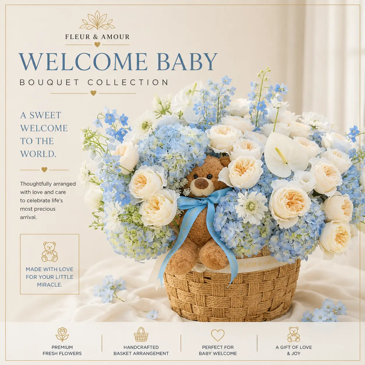 Welcome baby blue bouquet with teddy bear
